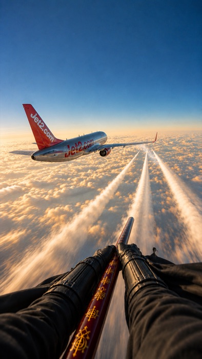 Flying behind a passenger jet above golden clouds.