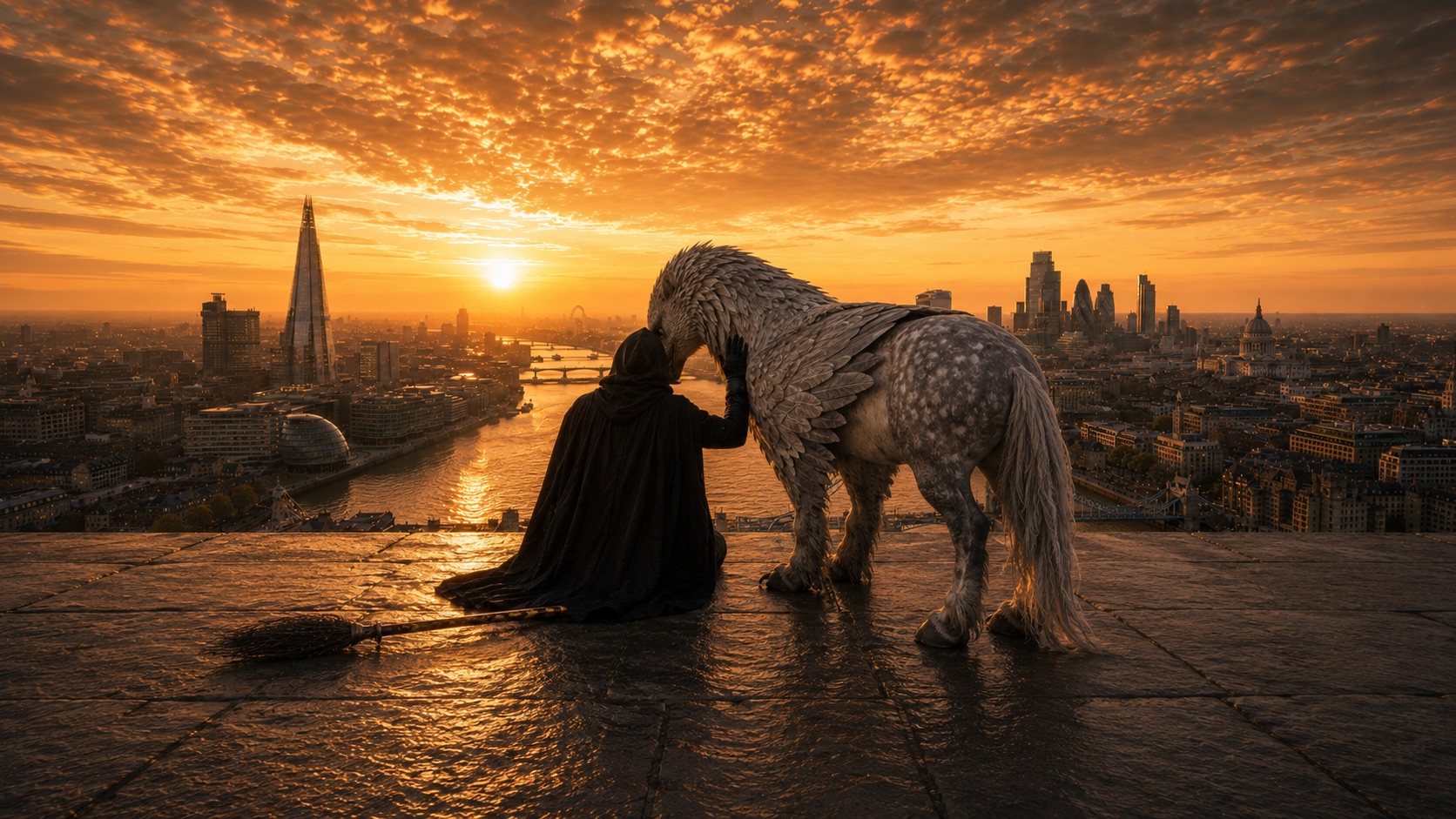 Darius sitting on a London rooftop at sunrise with Athena the hippogriff resting her head against him.