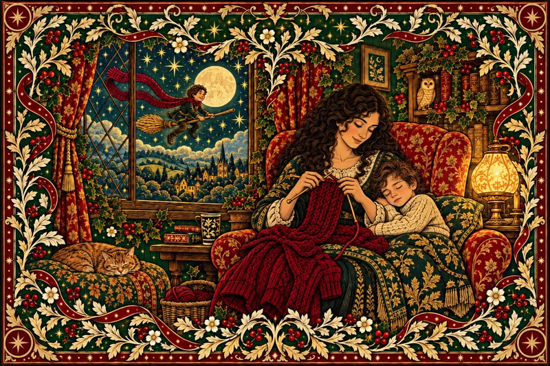 Darius's mum knitting a red scarf by the fire while a small boy sleeps against her.