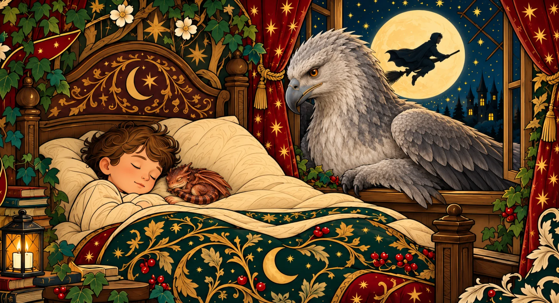 A child asleep in a carved wooden bed with tiny Apollo the baby dragon curled up by their cheek, Athena the hippogriff leaning in through the window, and Darius flying past the full moon on his broom.